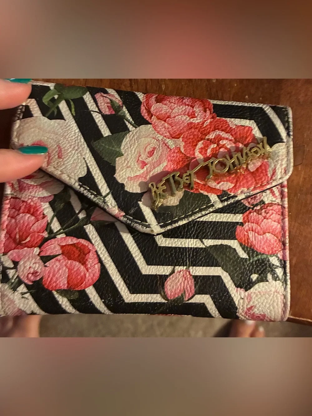 Betsey Johnson Black Floral Envelope Clutch with Pink Roses